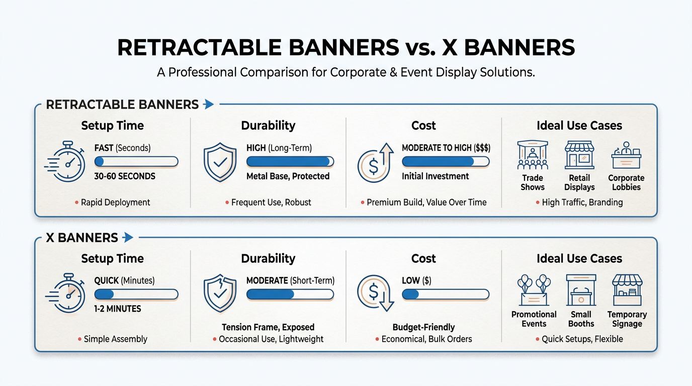 Infographic comparing retractable and X banners in a horizontal two-track layout showing setup time, durability, cost, and ideal use cases with blue accents and red highlights, chart bars, and simple icons for each category.