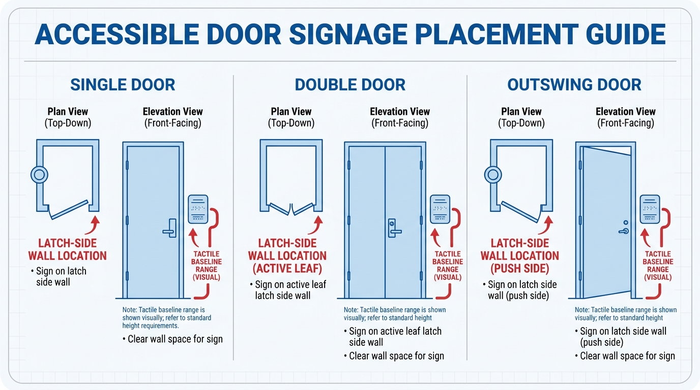 Infographic showing compliant sign placement with three side-by-side diagrams for single, double, and outswing doors, highlighting latch-side wall locations and a visually indicated tactile baseline range without numeric values.