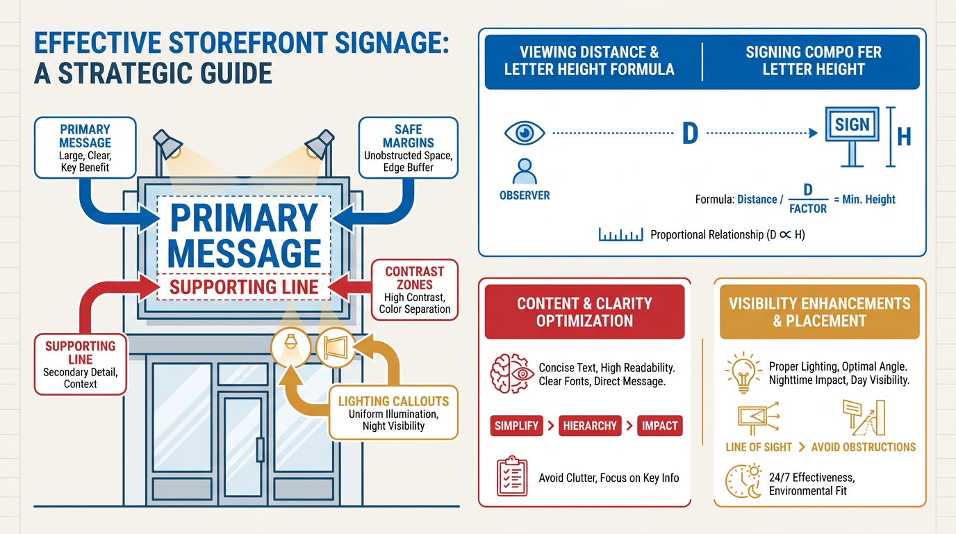 Horizontal infographic diagram of a storefront sign with labeled callouts for primary message, supporting line, contrast zones, safe margins, a viewing-distance-to-letter-height scale, and lighting callouts, using the brand blue and red on a light neutral background for clarity.