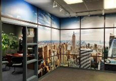 Wall wrapped with city scape image Photo