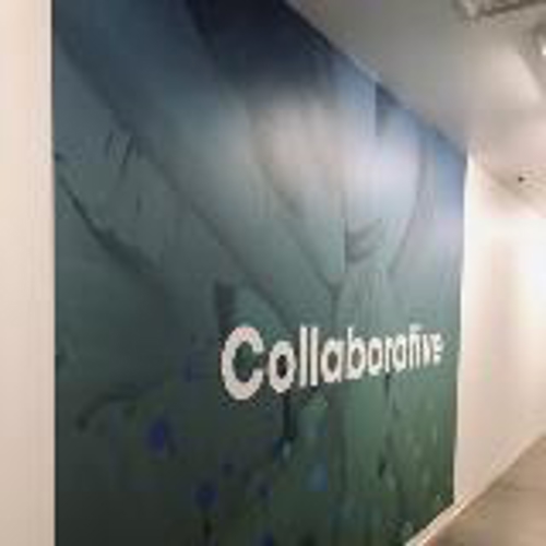 Collaborative wall mural with green background inside the office