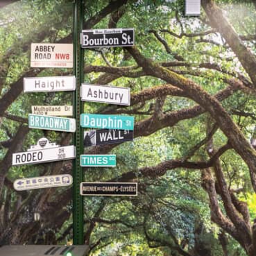 Wall graphic of road sign with well-known street names