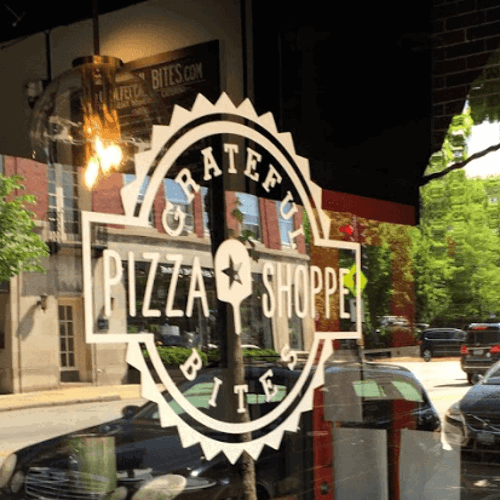 Grateful pizza shoppe custom decal on the store window