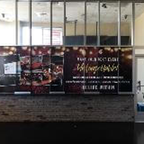 Advertisement on the window of the building