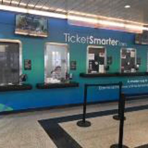 Custom blue graphics on the ticket booth