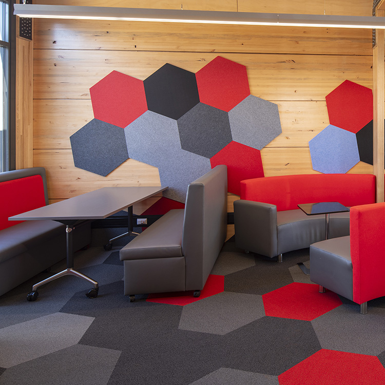 Acoustic wall panels are both sound absorbing for quiet study spaces such as a college library. They are also visually pleasing to the eye.