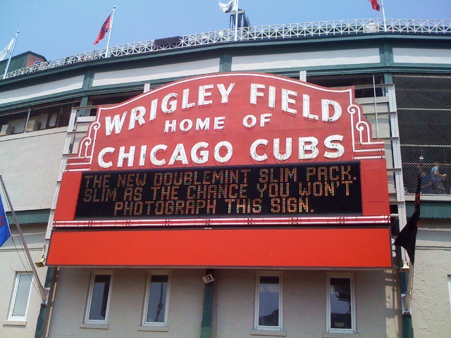 Wrigley Field's iconic sign introducing it as the home of the Chicago Cubs