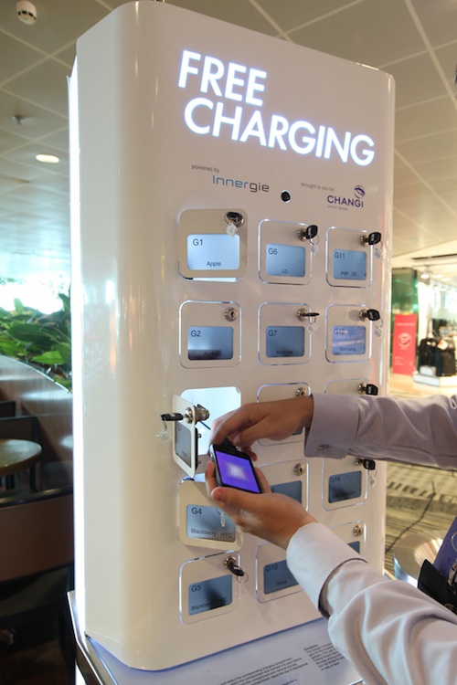 A trade show has a free charging station for visitors to use