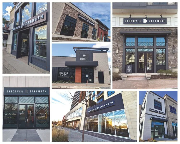 A collage of the Discover Strength exterior signage for multiple locations.