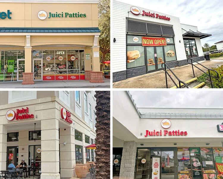 A collage of the Juici Patties exterior signage at different locations.