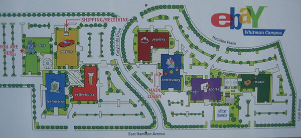 A map of the ebay campus with colors and icons to help identify the buildings