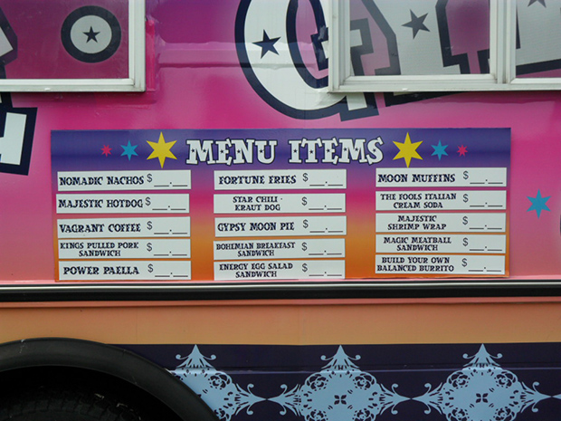 An image of the Blue Gypsy menu items featuring themed names