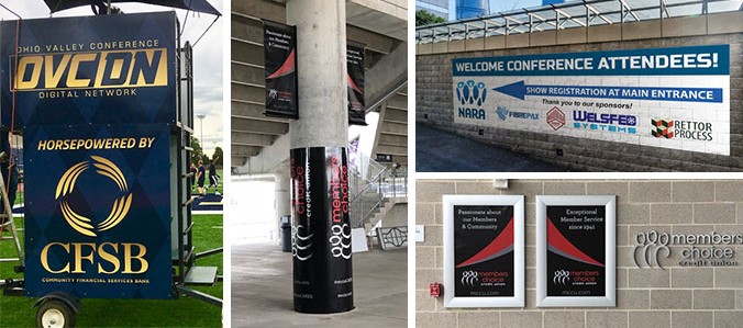 Sponsorship graphics and signs are placed outdoors on walls and pillars