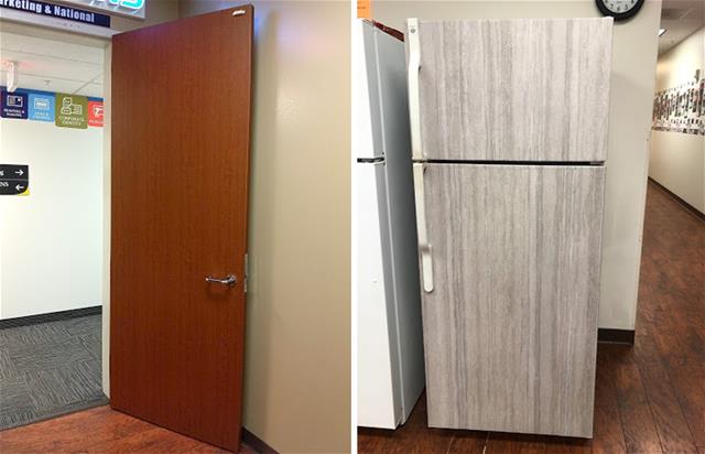 A door and a refrigerator use vinyl to make it look like new