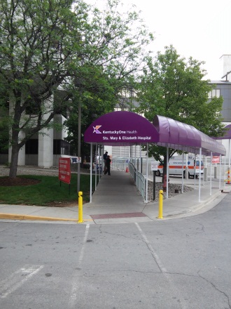A hospital uses a branded awning