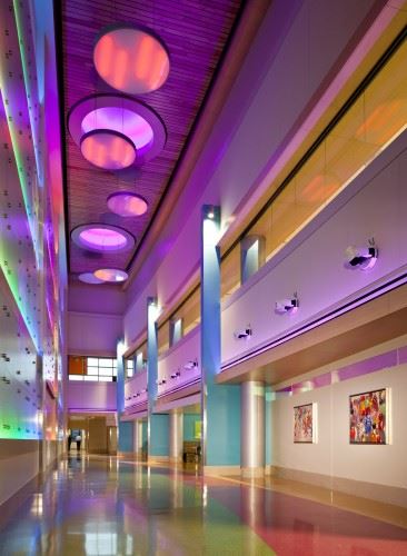 A children's hospital uses unique lights and wall decor