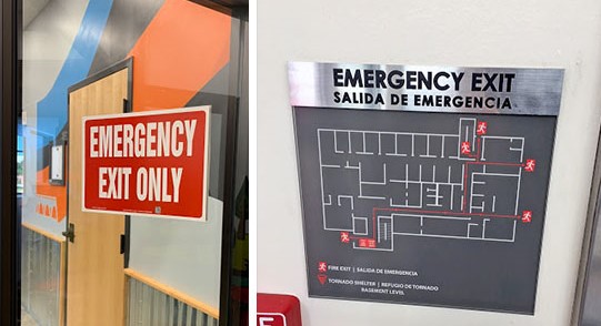 Emergency exits are clearly labeled with a map guiding visitors to them