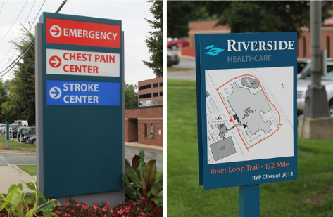 Exterior signage with directions at a hospital