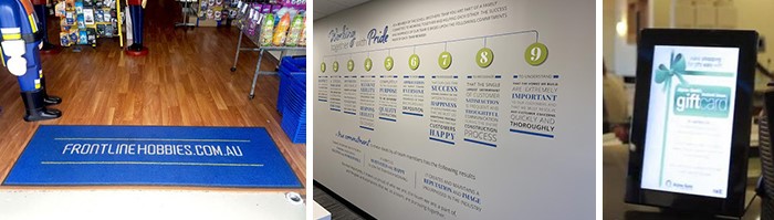 Examples of a floor mat, wall graphics, and digital signage 