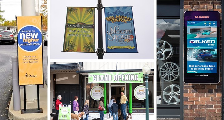 Businesses use bright and eyecatching signs to advertise