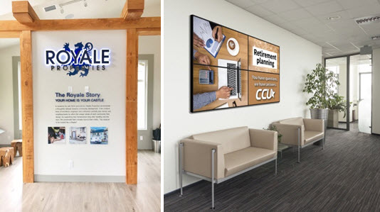 Two companies use signs and digital signs to inform their customers about their offerings and services