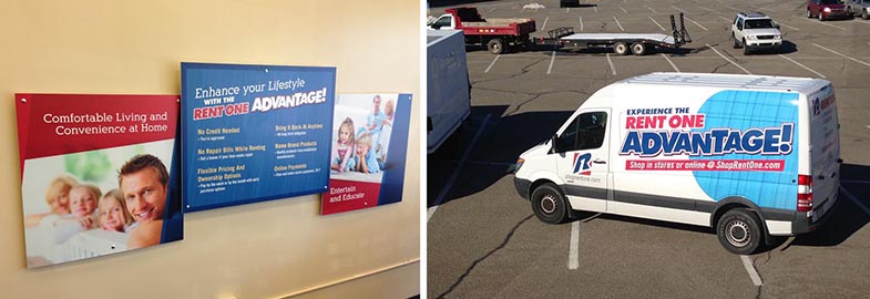 Rent One uses branded signage and vehicle wraps to promote sales