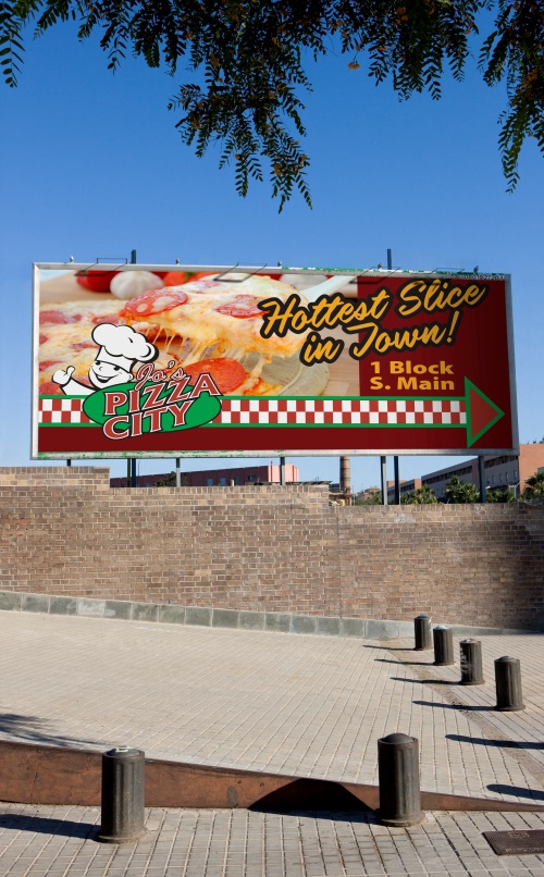A restaurant's billboard for pizza is visible from the street