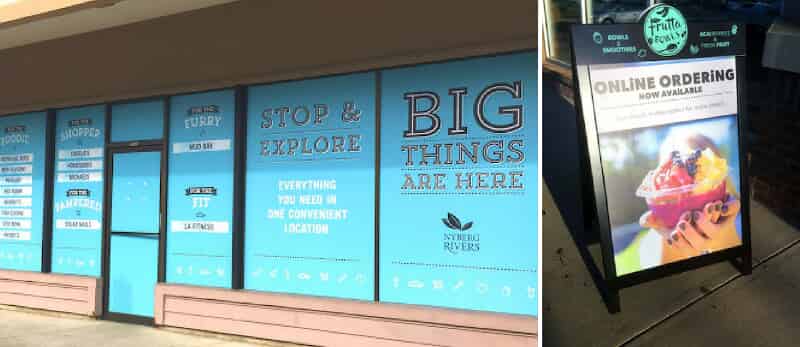 Window graphics and sidewalk a-frames help passing customers learn more about businesses