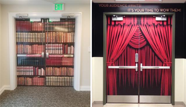 Doors are decorated to look like a bookshelf and curtains
