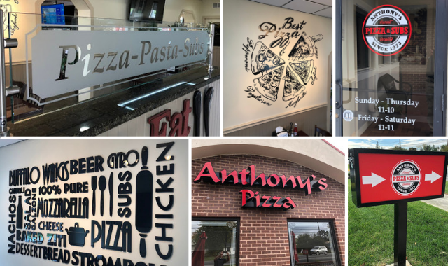 Anthony's Pizza uses unique signs and graphics around their locations