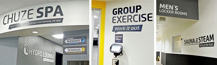 Wayfinding signs used by Chuze Fitness that reflect brand styles
