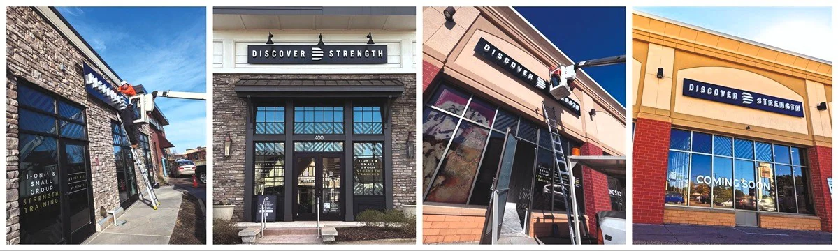 A collage of multiple locations before and after the exterior sign installation.