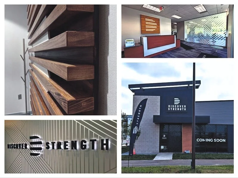 A collage of the exterior Discover Strength Flag and building signage, the interior lobby logo made of wood along with the vinyl privacy window film, interior lit up Discover Strength signage, and a close up of the wooden lobby logo.