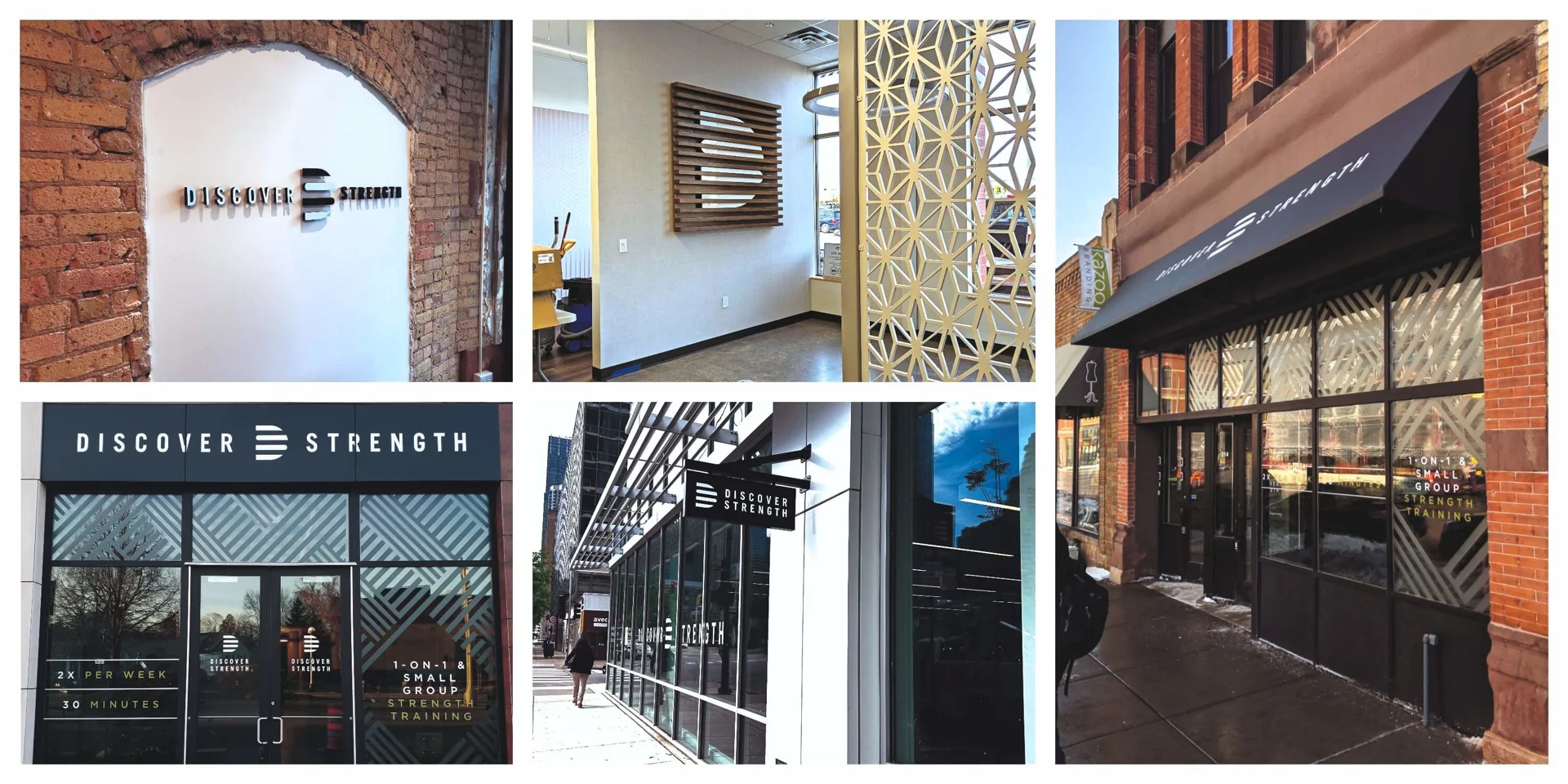 A collage of the interior wall mounted surgery in different locations, the interior decor and logos, and the exterior signage and awnings.
