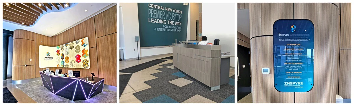 A collage of the Inspyre interior redesign, including digital display board, wall graphics, and curved wall-mounted signage.