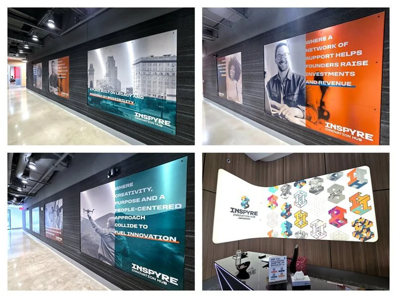 A collage of the interior aluminum composite materials panels mounted on the hallway walls and the curved wraparound backlit graphic in the lobby.