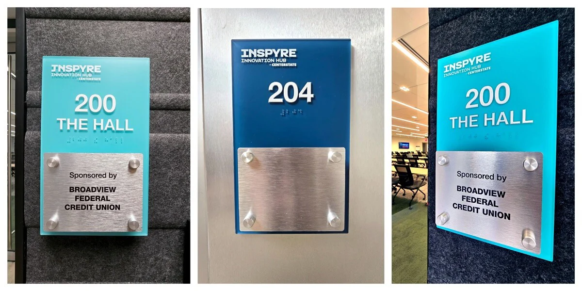 A collage of the light and dark blue interior wayfinding signage for room 204 and The Hall room 200.