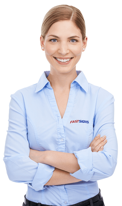 smiling woman wearing fastsigns branded blue button up shirt
