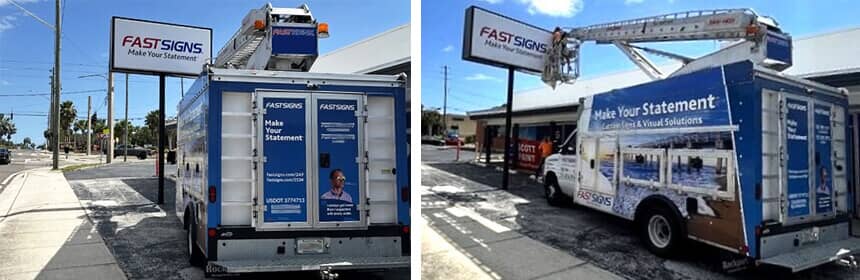 Company service trucks in front of business location