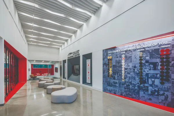 a commercial building space with murals on the wall
