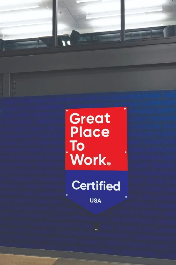 a sign that reads "great place to work. certified USA"