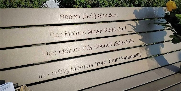 Memorial bench for Mayor Bob Sheckler installed near Des Moines Marina