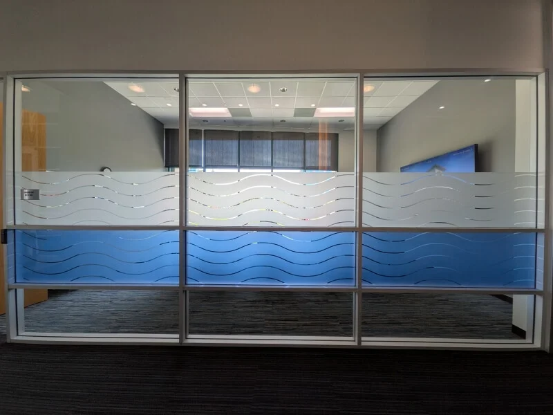 An image of blue and white privacy window films.