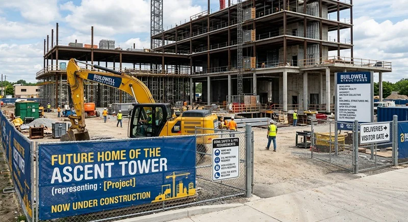 An image of a construction site with custom banners along the outer perimeter.