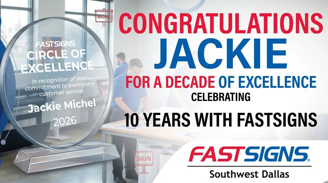 An image of an award that says congratulations to Jackie for a decade of excellence.