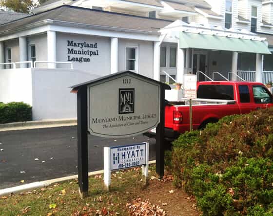 A monument sign shows the Maryland Municipal League